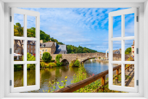 Fototapeta Naklejka Na Ścianę Okno 3D - panoramic view of old stone bridge and historical medieval houses reflecting in La Rance river in Dinan town port