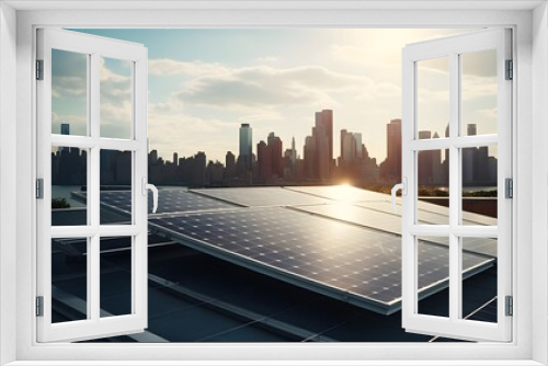 Urban embrace of sustainability as a solar panels graces the rooftop of a NYC building, harnessing clean and renewable energy, while offering views of Manhattan skyline.