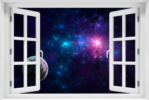 Fototapeta Naklejka Na Ścianę Okno 3D - Space background. Planet shined by two stars fly in colorful blue and violet fractal nebula. Elements furnished by NASA. 3D rendering