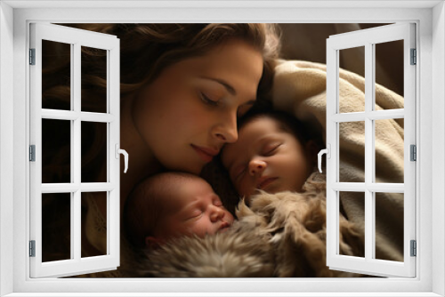 Woman holding two newborn charming babies in her arms sleeping together generative AI