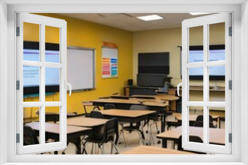 Modern Classroom with Technology-Equipped Desks and Tables