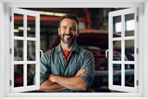 A car mechanic smiles happily in his uniform. Standing at own car repair shop background Car repair and maintenance Male repairman smiling and looking at camera