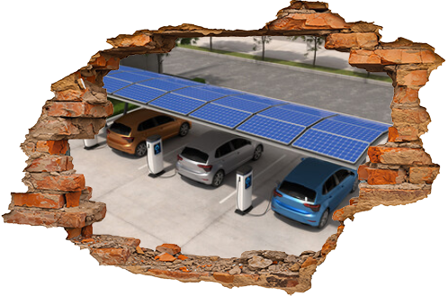 Electric cars are being charged in vehicle parking with solar panel energy, EV Charging Station, Clean energy filling technology.