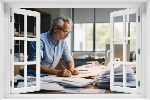 Business manager in blue shirt is works with business documents in the office