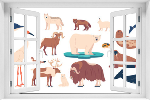Fototapeta Naklejka Na Ścianę Okno 3D - Set Arctic Animals And Birds Including Polar Bear, Musk Ox, Seal, Walrus, Wolf, Polar Fox, Reindeer, Penguin And Ermine