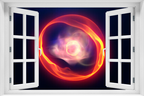 Fototapeta Naklejka Na Ścianę Okno 3D - Orange energy sphere with glowing bright particles, atom with electrons and elektric magic field scientific futuristic hi-tech abstract background