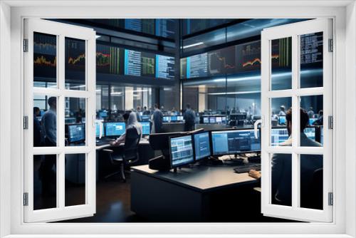 A busy and organized financial trading floor with traders monitoring multiple screens and making quick decisions in a fast-paced, high-stakes environment