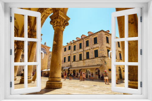 Fototapeta Naklejka Na Ścianę Okno 3D - street view, crowds of tourists walking through the streets, medieval architecture, bright sunny day, travel, Old town Dubrovnik, Croatia
