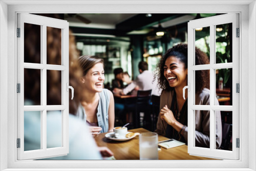 Happy smiling female friends sitting in a café laughing and talking during a lunch break