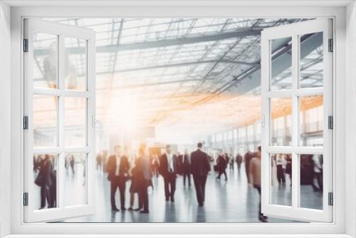 blurred business people at a trade fair or walking in a modern hall, Generative AI