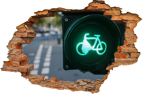 Selective focus at green traffic light with bicycle sign over bicycle lane. 