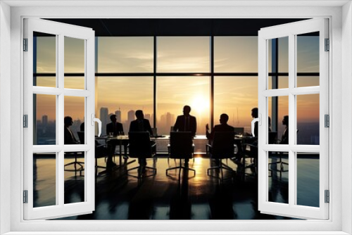 Shadow business. Business people meeting in modern office building conference room during sunset. Process of a business negotiations. Format photo 2:1.