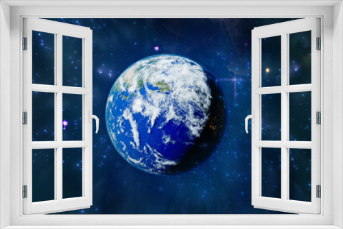 Fototapeta Naklejka Na Ścianę Okno 3D - Planet Earth 3D rendering illustration. Planet lit up with sun light in beautiful space with stars and gases 