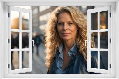 wide angle and full body portrait of attractive mature swedish female with long curly blonde hair and blue eyes, wearing blue Leather Jacket during late autumn sunset. Generative Ai.