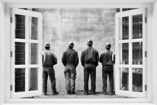 Four construction workers in black and white from behind stand in front of a construction site.
