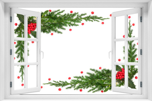 Fototapeta Naklejka Na Ścianę Okno 3D - Winter holly berry mistletoe ivy fir background border frame on white. Christmas abstract design for greeting card, label, invitation, menu, gift tag.