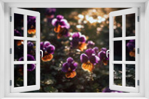 Fototapeta Naklejka Na Ścianę Okno 3D - An enchanting photography shot capturing vibrant violets and lavender flowers blooming gracefully in the warm sunlight. 