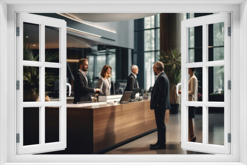 Receptionists at hotel front desk welcoming business people at counter