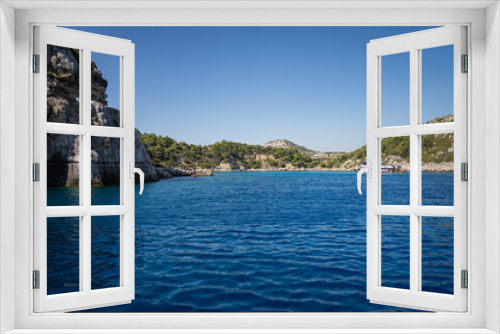 Fototapeta Naklejka Na Ścianę Okno 3D - Stunning Anthony Quinn Bay Beach and Rock Formations of Rhodes: A sea-level panoramic view of the island's diverse coastline, showcasing sandy retreats and towering cliffs, epitomizing Grecian beauty.