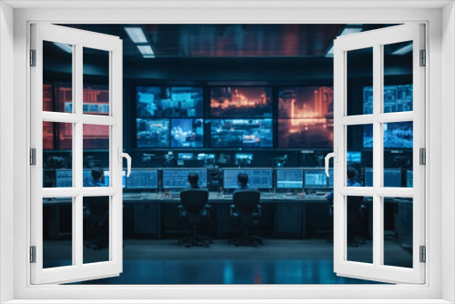 Security room with computers, stock market data and stock exchange data. CCTV cameras in surveillance room. Cybersecurity concept. 