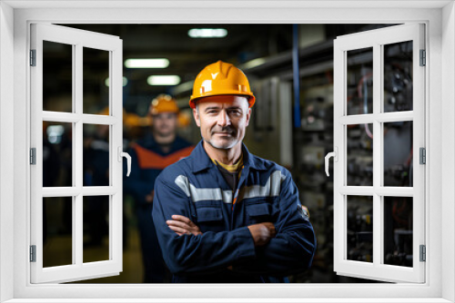 Portrait of Industry maintenance engineer man wearing uniform and safety hard hat on factory station. Industry, Engineer, construction concept.