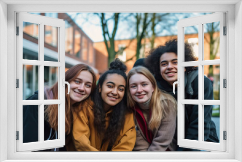 A candid photo of a diverse, smiling group of Gen Z teenagers laughing together on an urban street. Their relaxed poses show their authentic camaraderie.