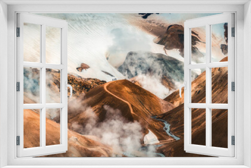 Fototapeta Naklejka Na Ścianę Okno 3D - Landscape of Kerlingarfjoll volcanic mountain range with sulfur smoke and tourist hiking in summer at Icelandic Highlands