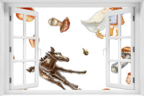 Fototapeta Naklejka Na Ścianę Okno 3D - A little girl hugs a white goose. Seamless pattern on a children's theme. For printing children's room wallpaper, fabric and wrapping paper. Drawing of a foal and other attributes of a farm or village