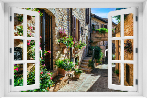 Fototapeta Naklejka Na Ścianę Okno 3D - Traditional old villages of Italy, Umbria - beautiful Spello town. Charming floral streets decoration