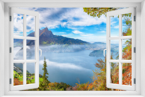 Fototapeta Naklejka Na Ścianę Okno 3D - Fabulous autumn view of Stansstad city and Lucerne lake with mountaines and fog.