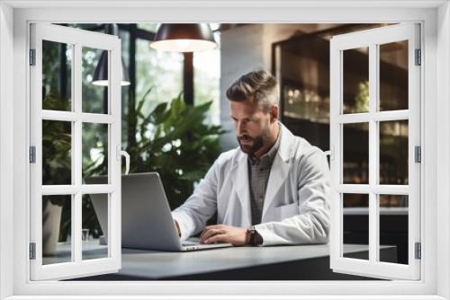 Doctor is working with laptop computer in a modern medical workspace office