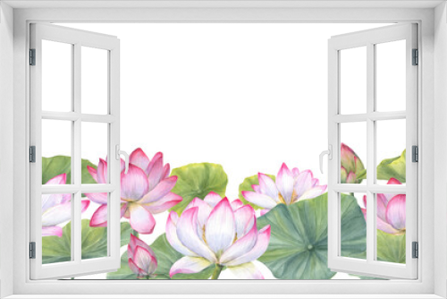 Fototapeta Naklejka Na Ścianę Okno 3D - Seamless banner of Indian sacred lotus flowers with leaves. Water lily, Indian lotus, green leaf, bud. Space for text. Watercolor illustration. Horizontal board