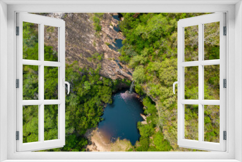 Fototapeta Naklejka Na Ścianę Okno 3D - Aerial view of the scenic waterfall Chorro San Luis embedded in a thick, tropical forest near Roboré in the lowlands of Bolivia - Traveling and exploring South America