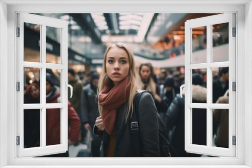 Graceful Respite: Woman Stands Tall in the Black Friday Swarm, Generative AI