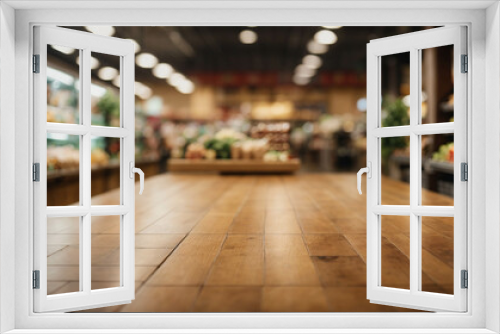 Empty wooden table with supermarket background for product display, space for text