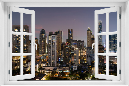 Fototapeta Naklejka Na Ścianę Okno 3D - Panoramic view on night Bangkok skyline, skyscrapers and lights