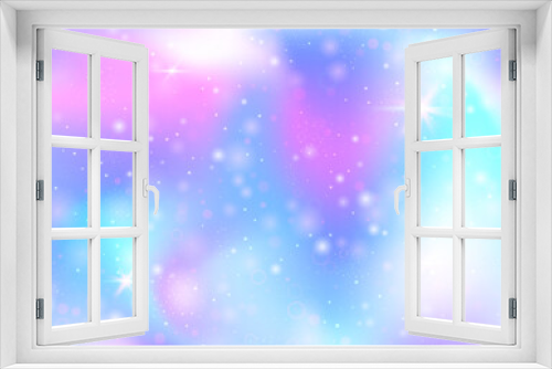 Fototapeta Naklejka Na Ścianę Okno 3D - Hologram background with rainbow mesh. Mystical universe banner in princess colors. Fantasy gradient backdrop. Hologram magic background with fairy sparkles, stars and blurs.