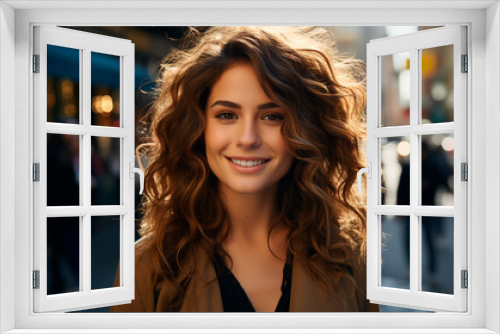 beautiful brunette woman in stylish clothes walking in the street.