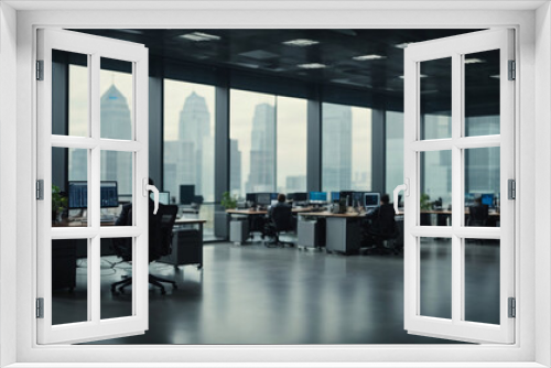 Office interior with panoramic windows and city view. Workplace and technology concept