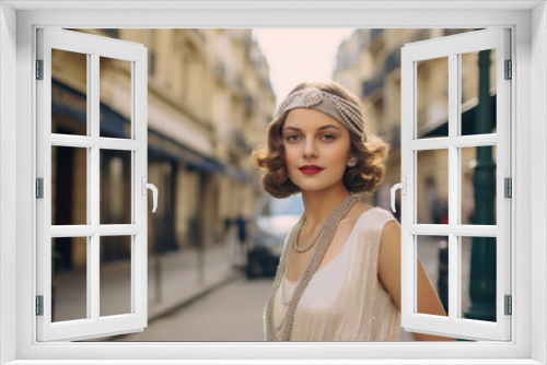 young beautiful woman dressed in a shiny dress in the style of the 20s against the backdrop of a European or American city, retro style, vintage outfit, elegant girl, hair decoration, jewelry, lady