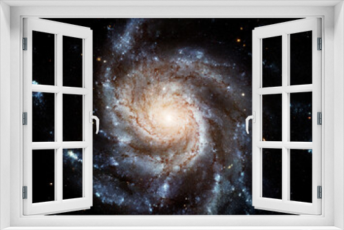 Fototapeta Naklejka Na Ścianę Okno 3D - Cosmos, space and spiral universe on black background with light, pattern and color glow solar system. Galaxy, infinity and planets in milky way with nebula shine, dark sky and stars in aerospace.