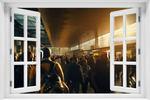 Crowd waiting for transportation on a foggy winter evening