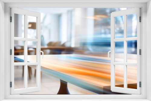 Warm toned wooden table against blurred city lights, an inviting display space with an urban evening ambiance.