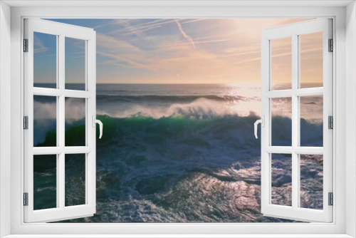 Fototapeta Naklejka Na Ścianę Okno 3D - Powerful ocean surf rolling seashore sunny morning. Huge sea waves making foam