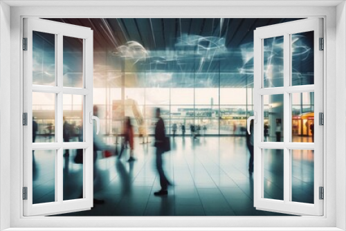 travelers in motion at a bustling airport terminal, rendered with long-exposure techniques