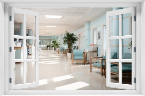 Minimalist Hospital hallway,bright reception waiting room clinic lobby, clean hospital reception with the chair, living room interior. Illustration