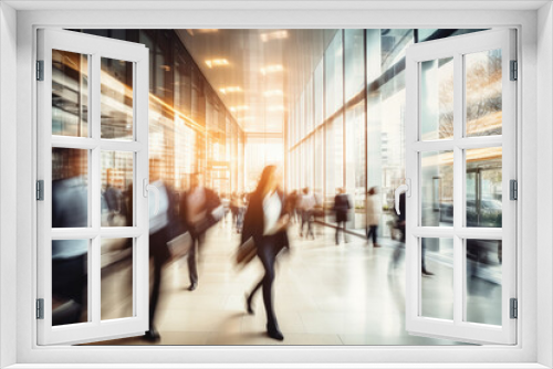 Office Space Commercial Background, Modern Interior, Blurred People Walking, Professional Workspace, Corporate Team, Daylight Setting, Business Environment, Lounge, Lobby, Generative AI.