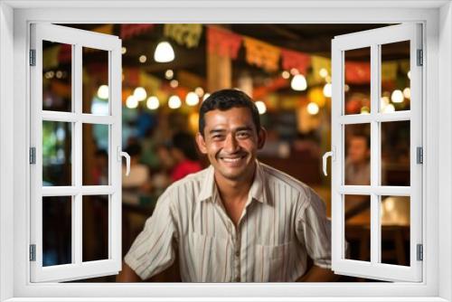 A Latin American man smiles at the camera against the background of a bar, cafe.