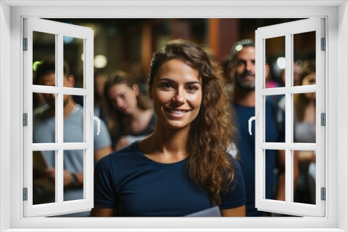 Smiling man in crowd, emanating confidence amid bustle.