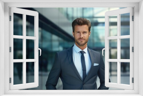 Portrait of a mid adult businessman in front of a modern glass building